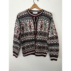 Petite Illustrations Hand Knit Fair Isle Wool Blend Cardigan Burgundy Small